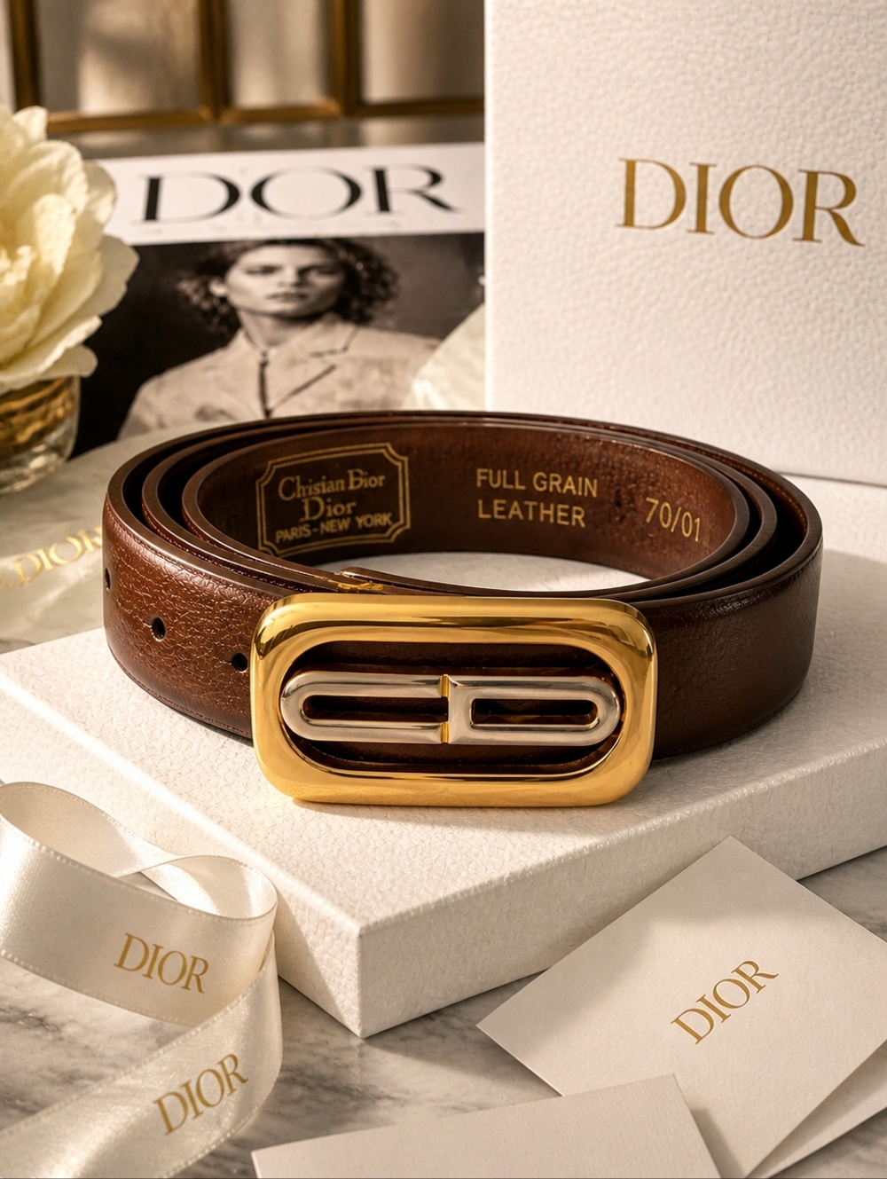 Vintage Christian Dior Belt Black Leather Gold Buckle Size 70 Authentic